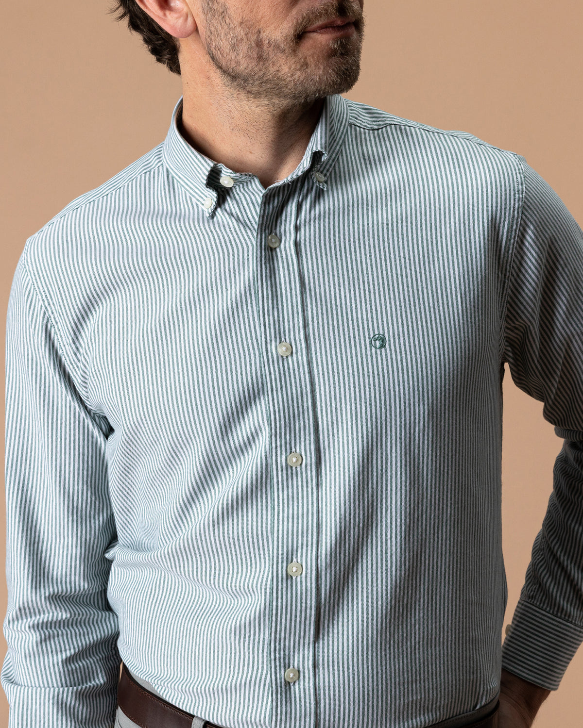 Cotton Oxford Sport Shirt - Collins Stripe - Hunter Green