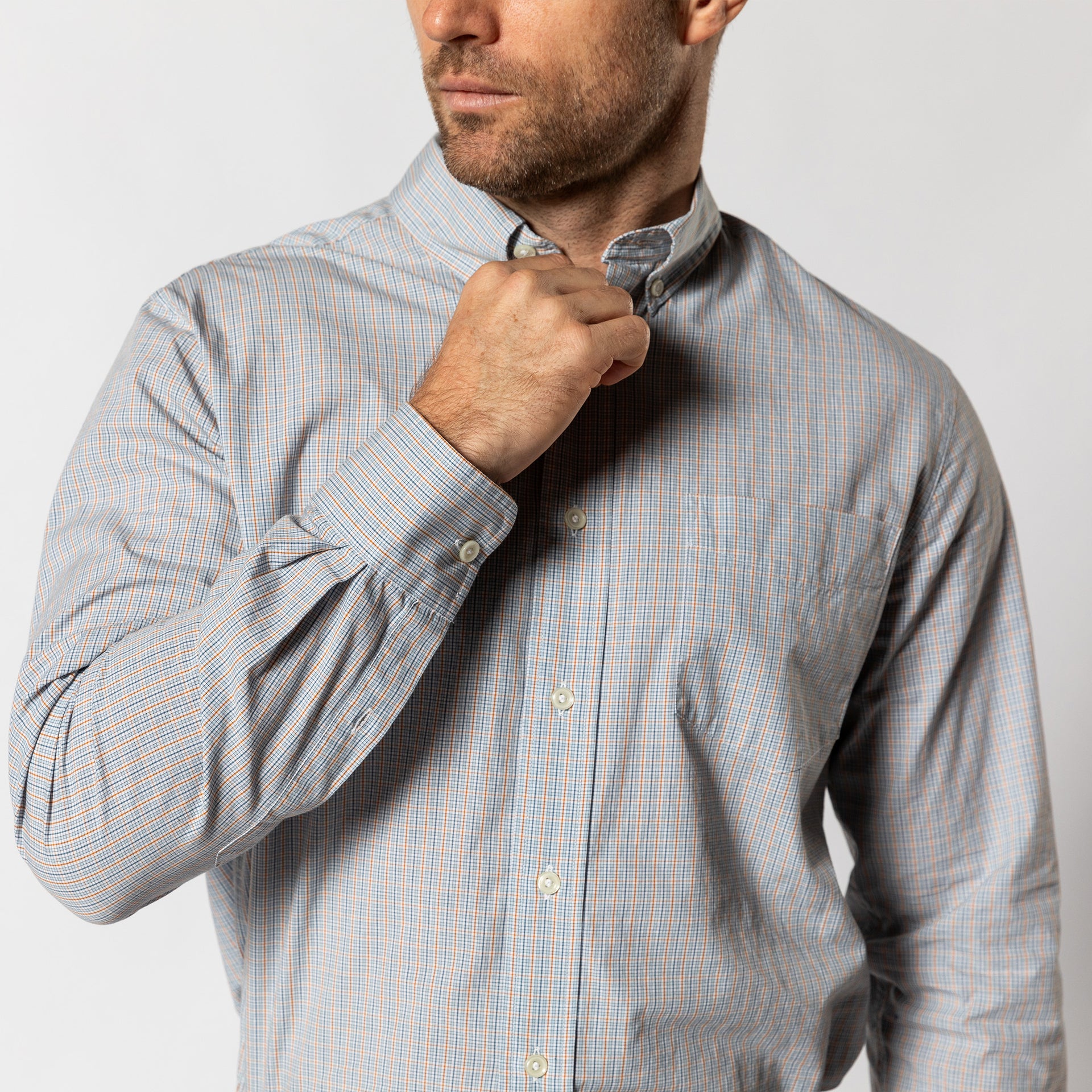 Cotton Cashmere Poplin Sport Shirt - Rollins Plaid - Pale Blue