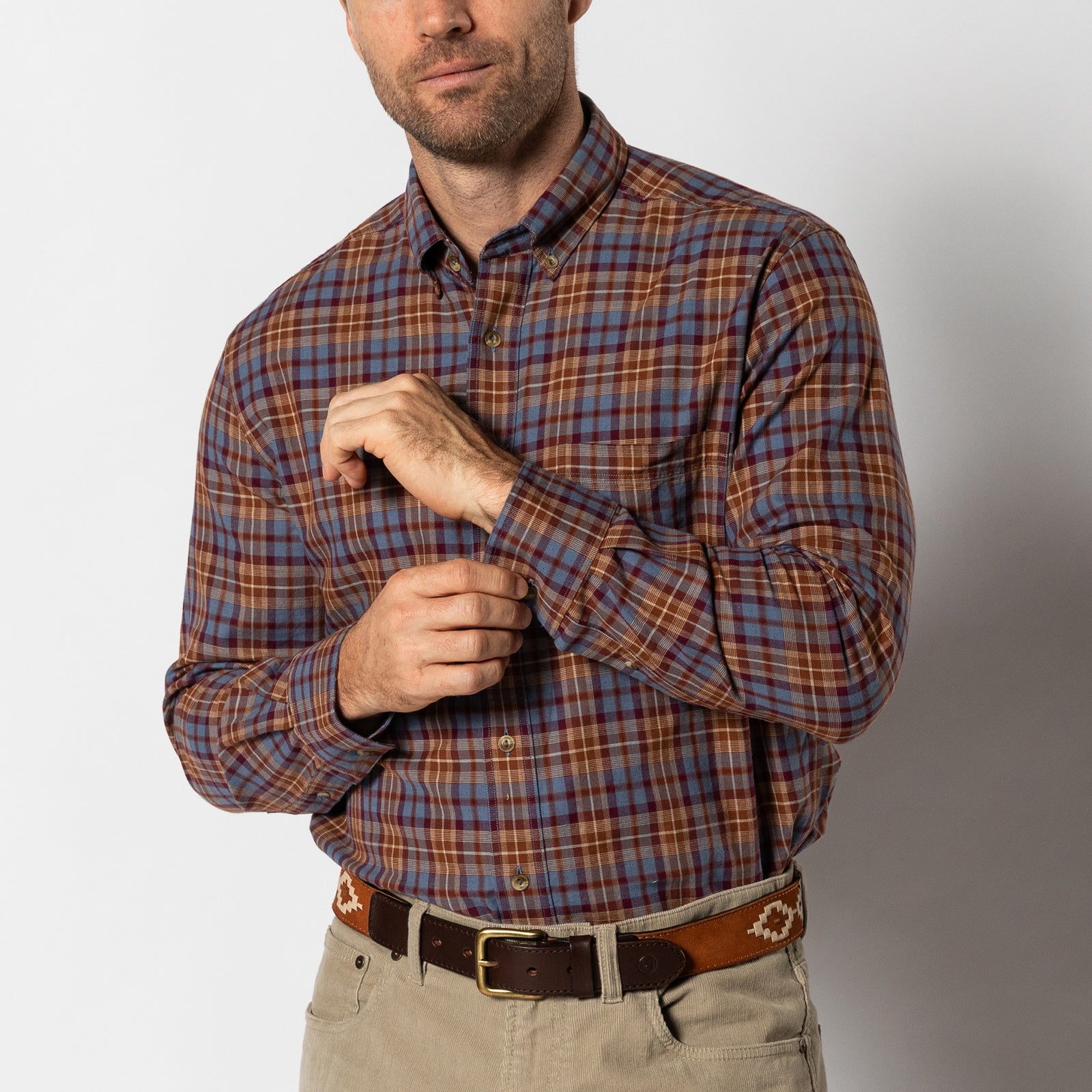 Cotton Wool Sport Shirt - Houser Plaid - Saddle Brown