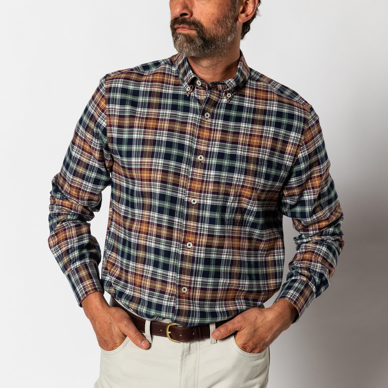 Cotton Flannel Sport Shirt - Eckard Plaid - Maritime Blue
