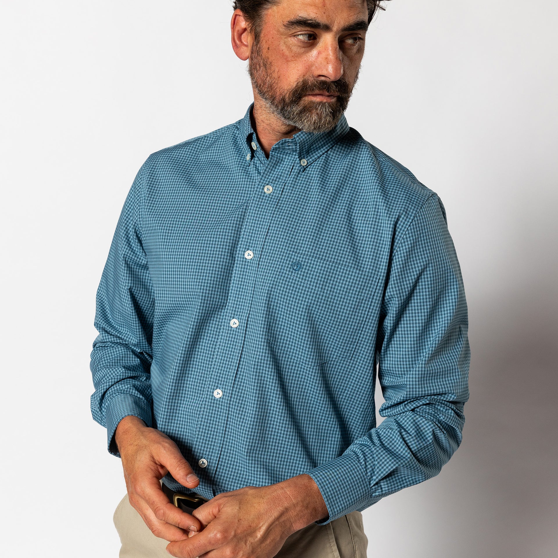 Performance Poplin Sport Shirt - Reilly Gingham - Teal Blue