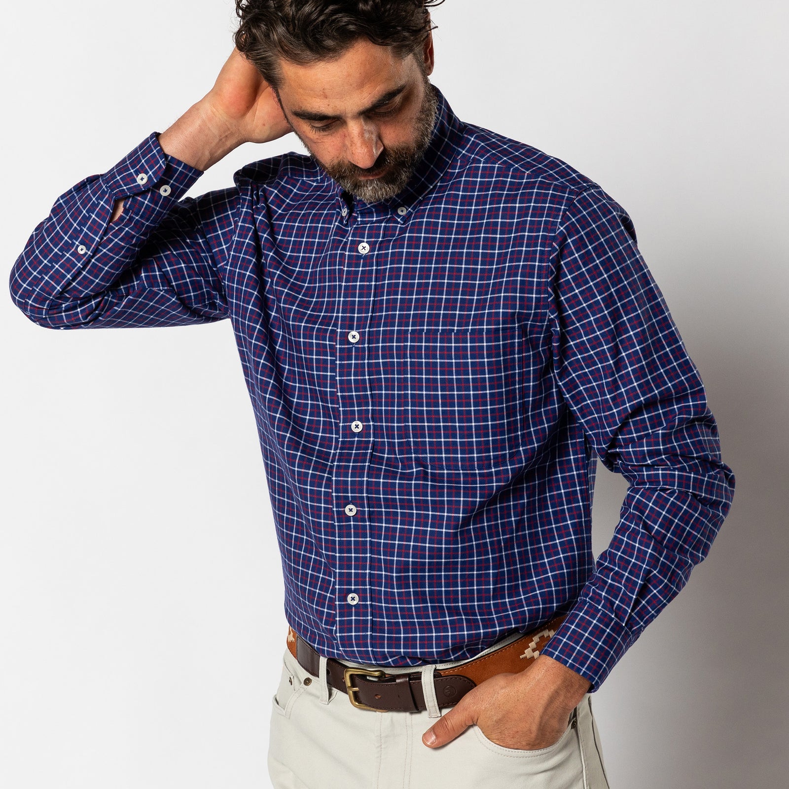 Cotton Oxford Sport Shirt - Kline Plaid - Beacon Blue