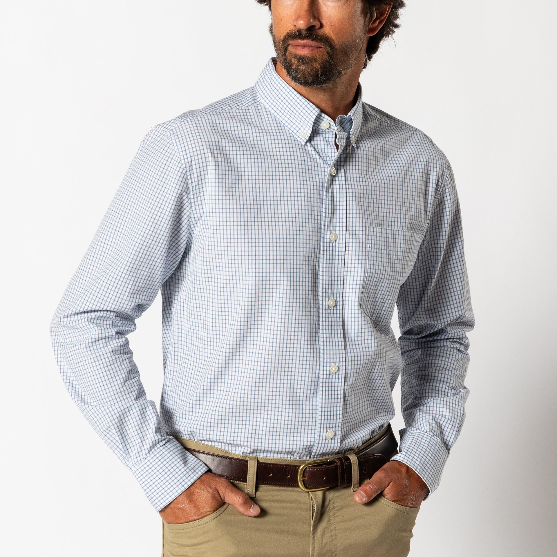 Cotton Cashmere Poplin Sport Shirt - Lewis Plaid - Glacier Blue