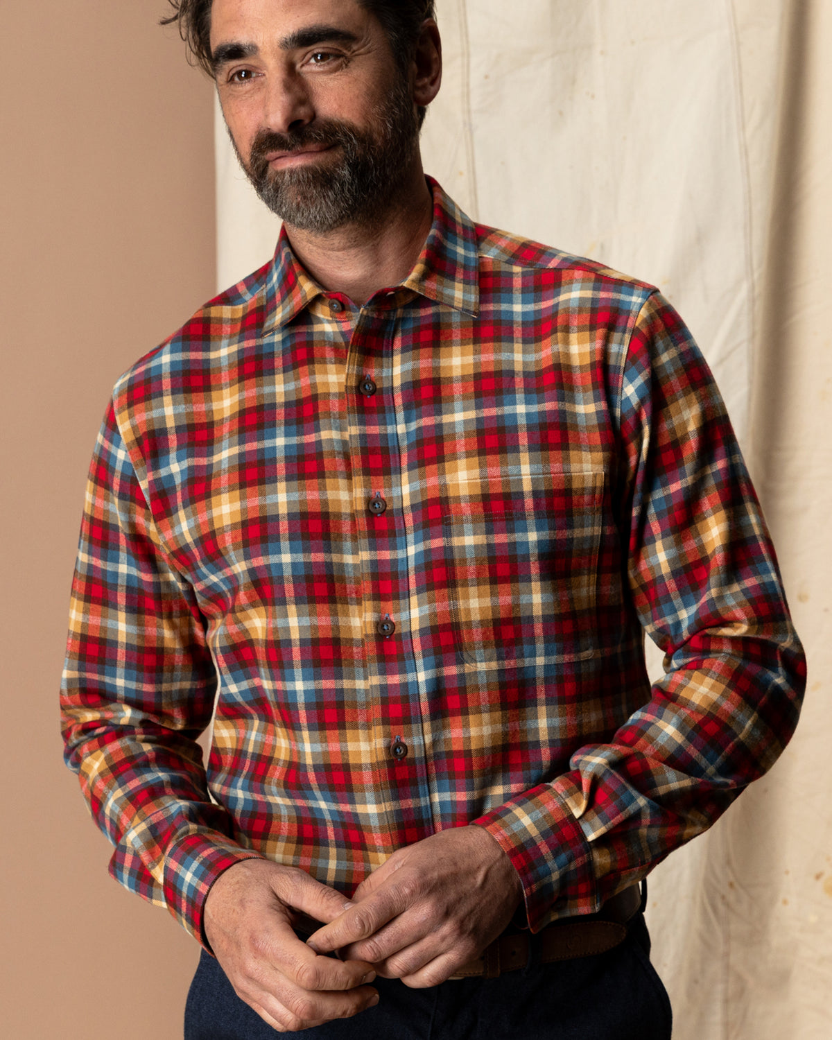 Cotton Flannel Sport Shirt - Dunwell Plaid - Pomegranate