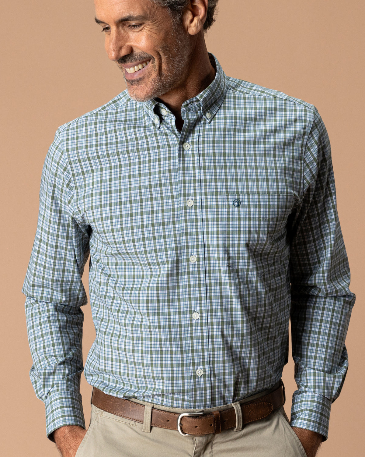 Performance Poplin Sport Shirt - Denton Plaid - Mossy Bark