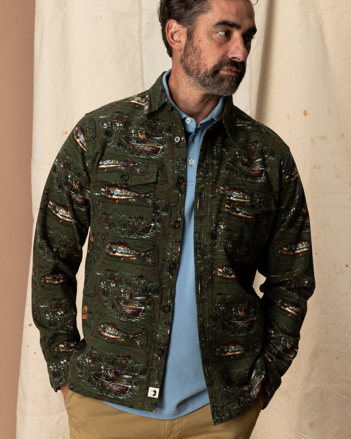 Slater Moleskin Overshirt - Fisherman Print - Dark Forest Green