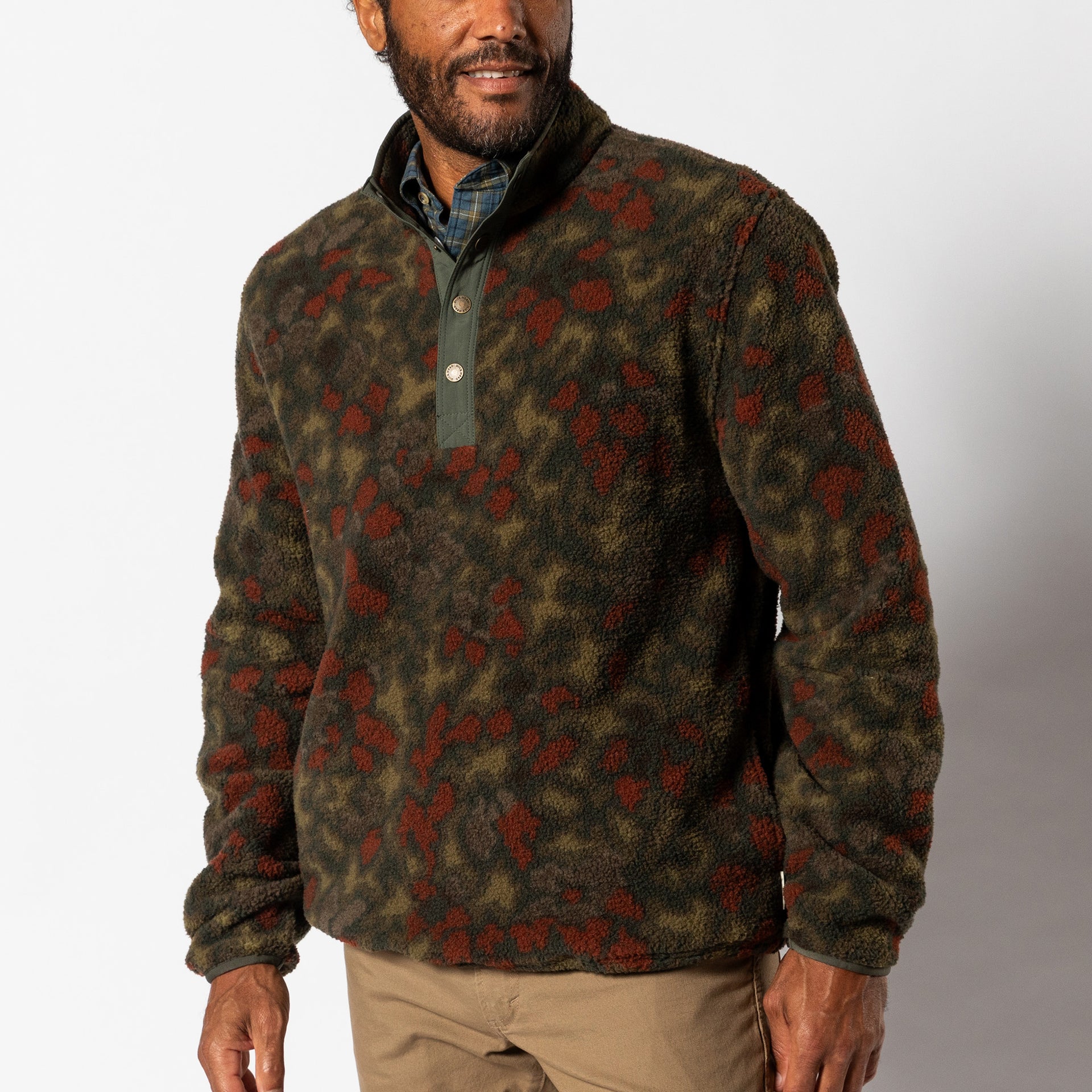Pineview Fleece 1/4 Snap Pullover - Meadow Print - Deep Olive