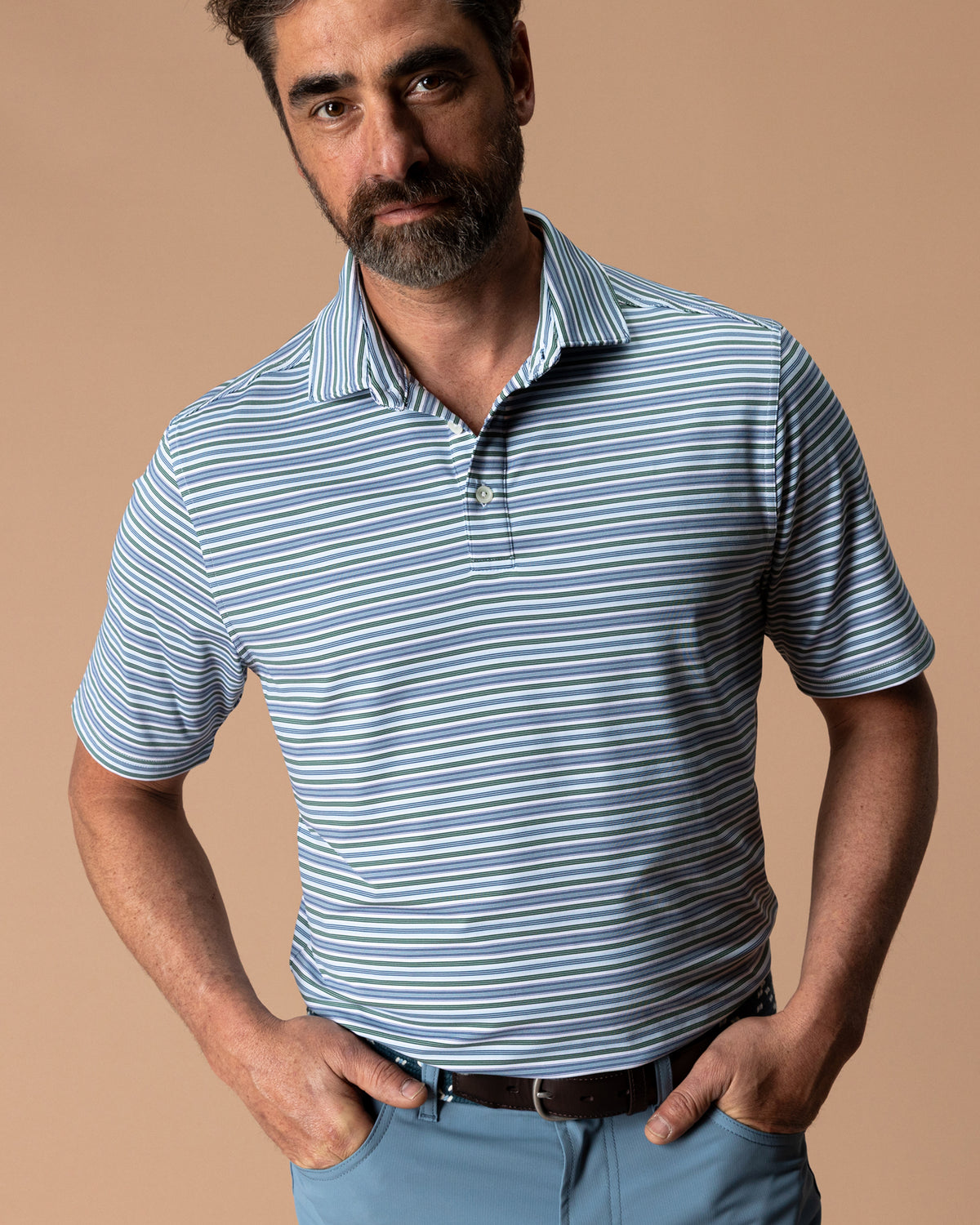Long Drive Performance Polo - Caro Stripe - Hunter Green