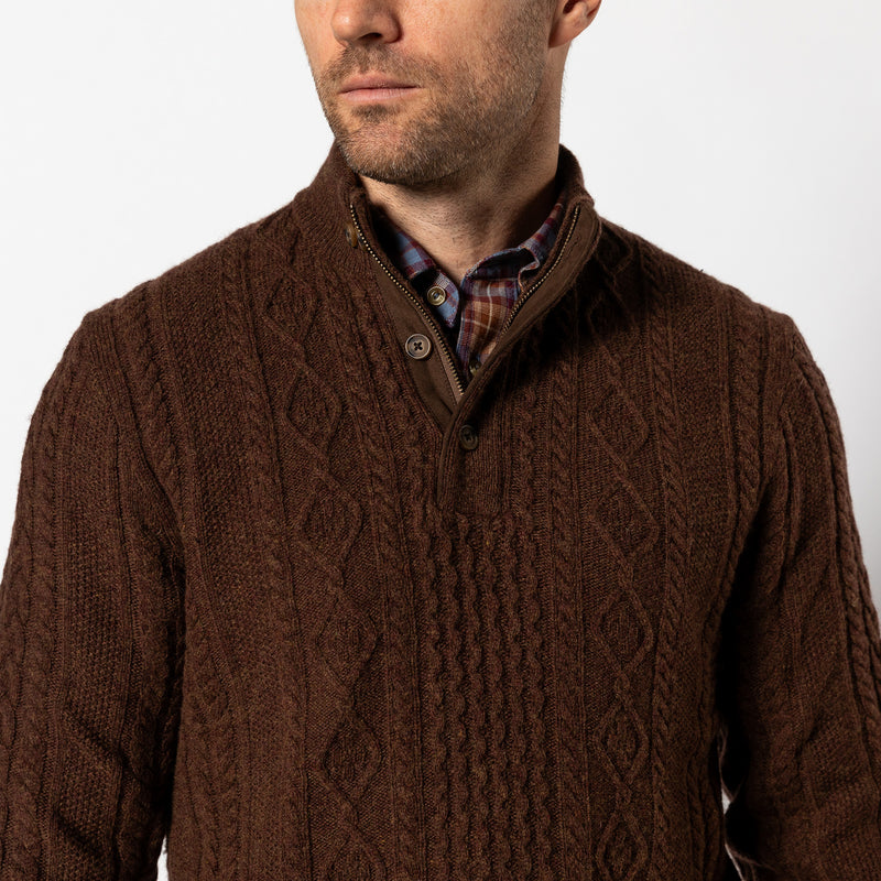Haines 1/4 Zip Cable Knit Sweater - Dark Brown Heather