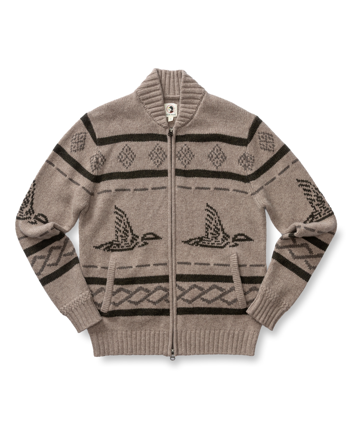 Flying Mallard Merino Intarsia Full Zip Sweater - Clay Heather