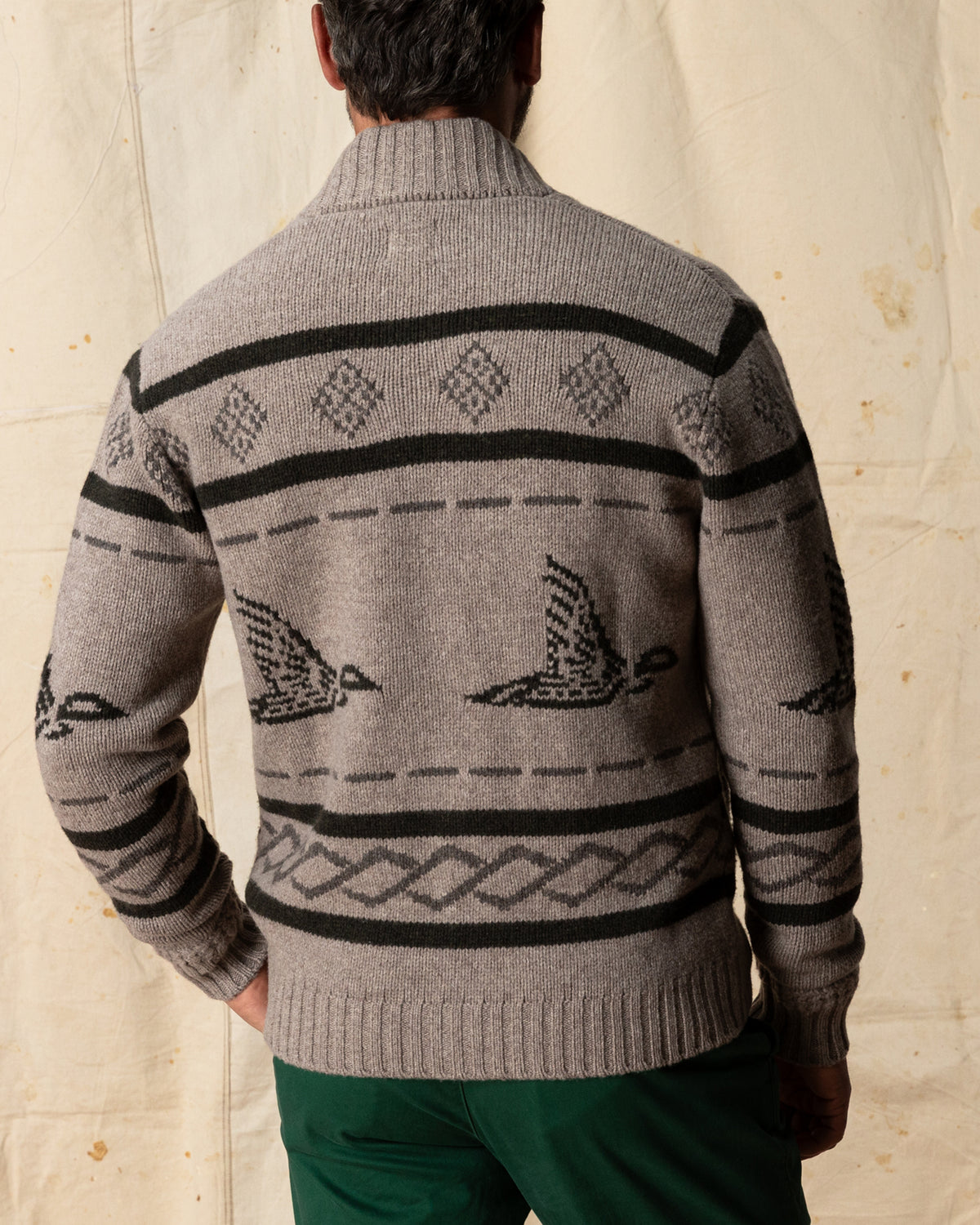 Flying Mallard Merino Intarsia Full Zip Sweater - Clay Heather