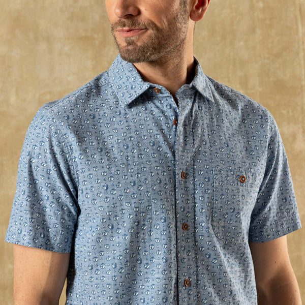Cotton Chambray Sport Shirt - Bellmont Print - Blue Horizon