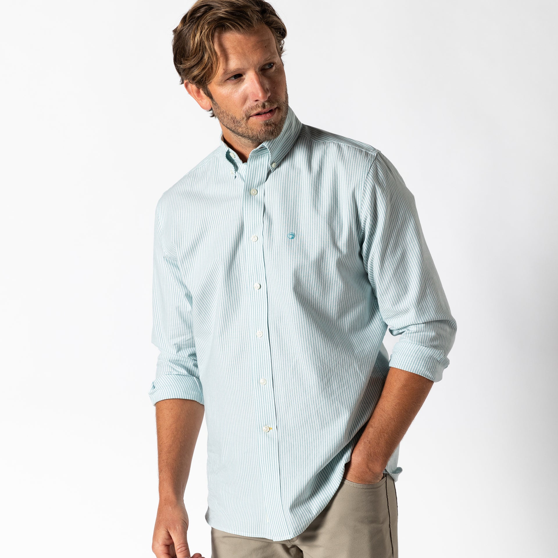 Cotton Oxford Sport Shirt - Collins Stripe - Marine Blue