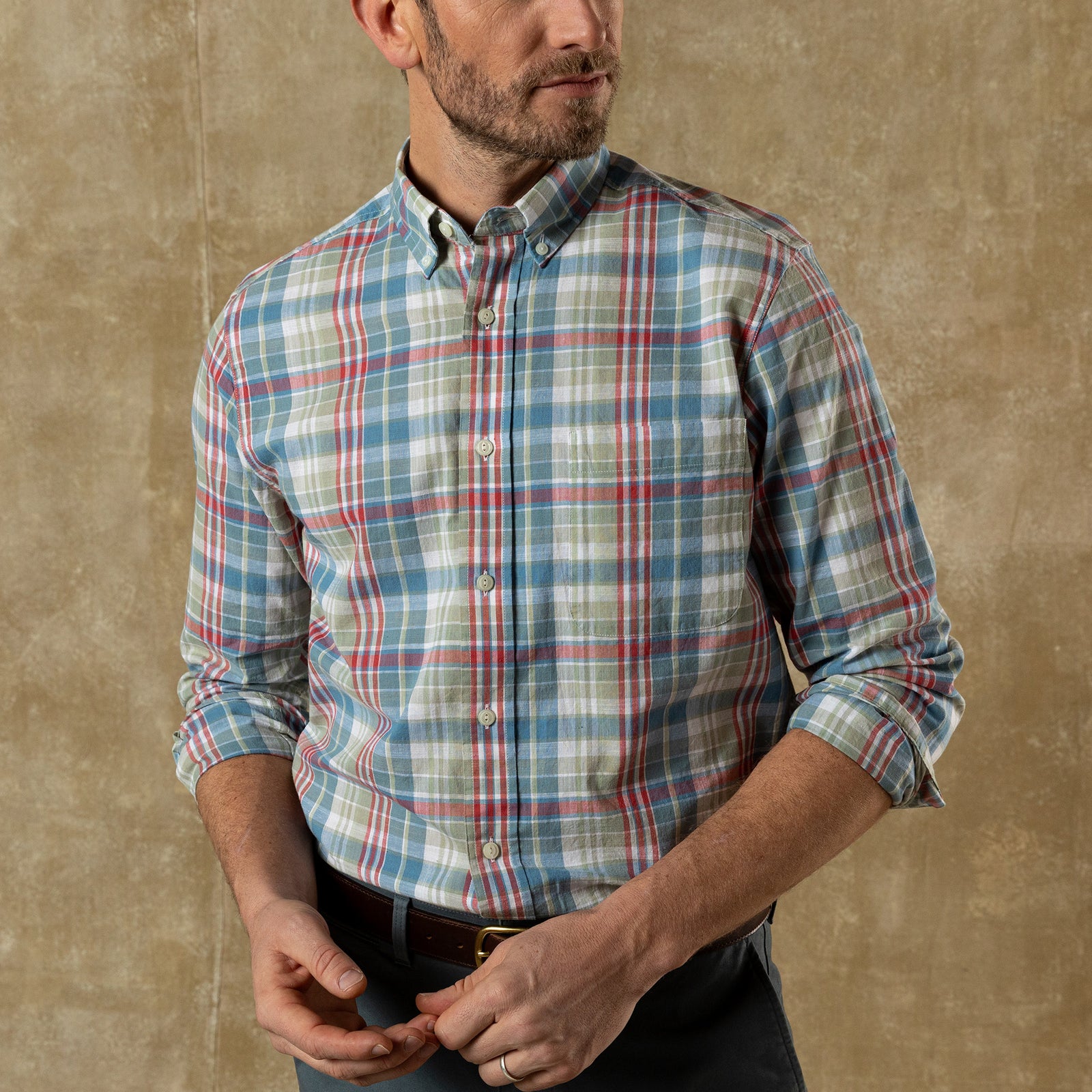 Cotton Chambray Sport Shirt - Thorne Plaid - Sunwashed Blue