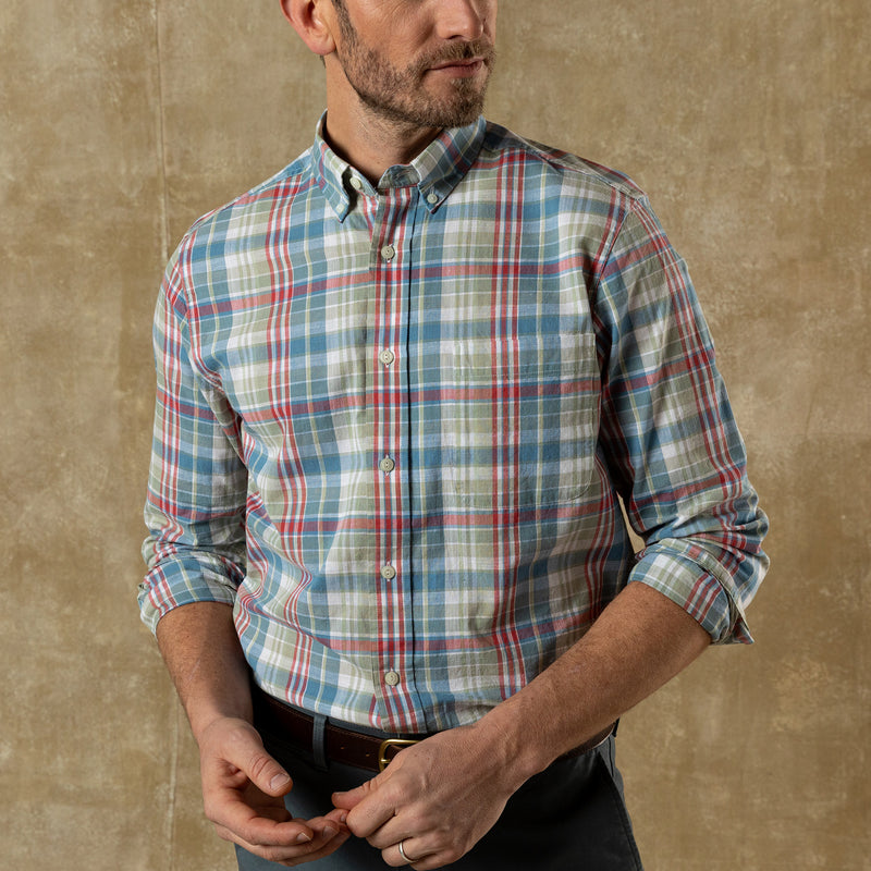 Cotton Chambray Sport Shirt - Thorne Plaid - Sunwashed Blue