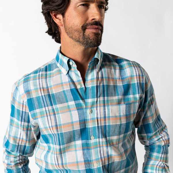 Linen Cotton Oxford Sport Shirt - Greenfield Plaid