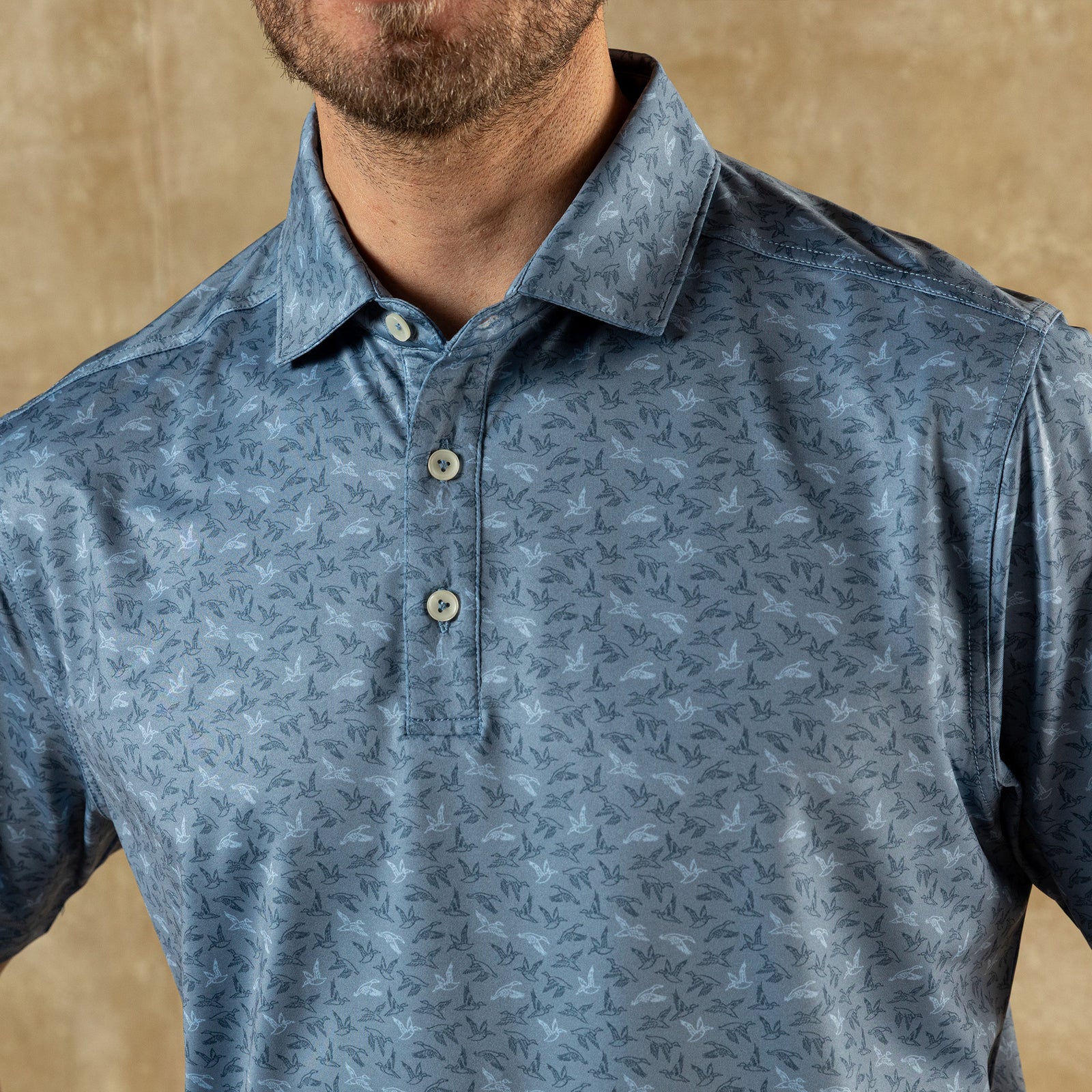 Long Drive Performance Polo - Wingbeat Print - Chambray Blue