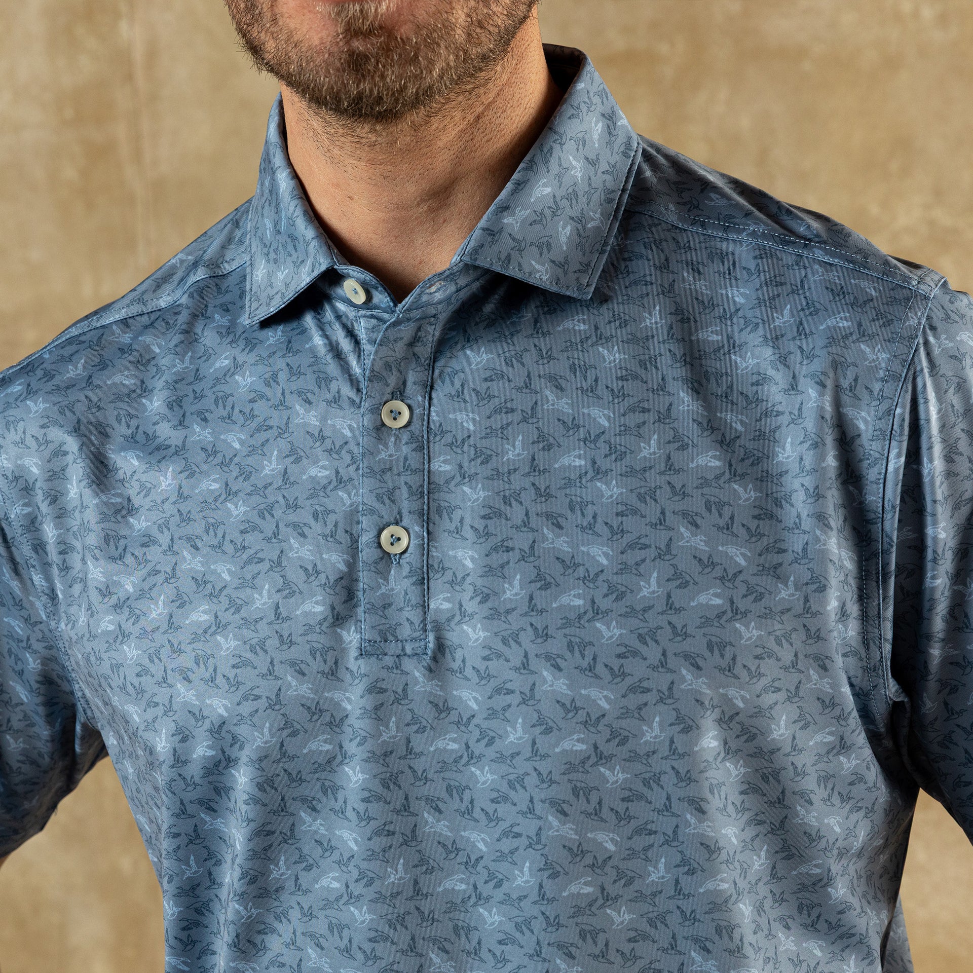 Long Drive Performance Polo - Wingbeat Print - Chambray Blue