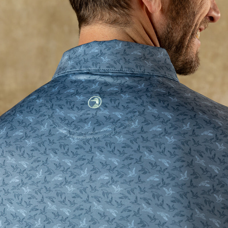 Long Drive Performance Polo - Wingbeat Print - Chambray Blue