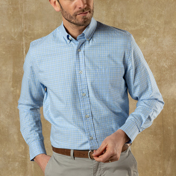 Cotton Oxford Sport Shirt - Kline Plaid - Serenity Blue