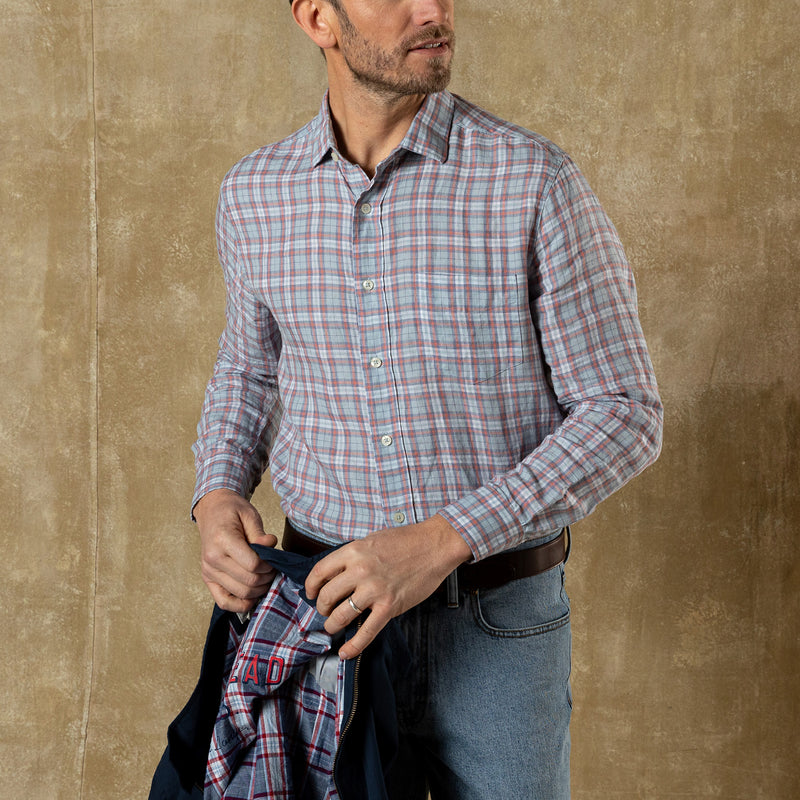 Linen Poplin Sport Shirt - Piers Plaid - Sky Blue