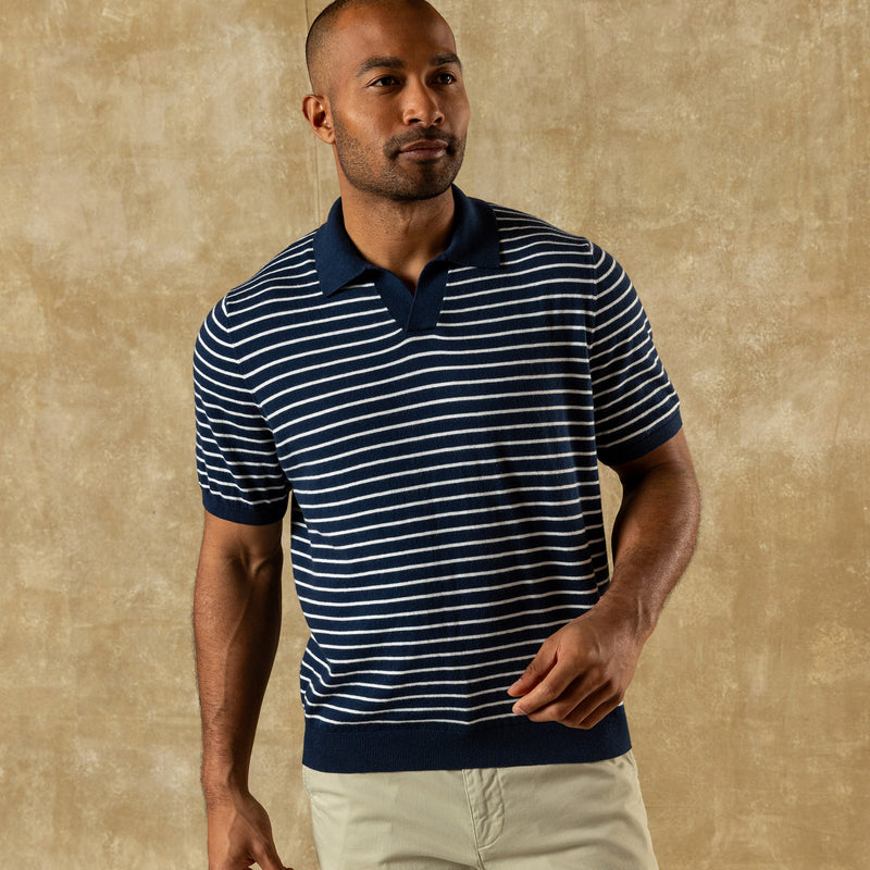 Reeves Striped Sweater Polo - Navy