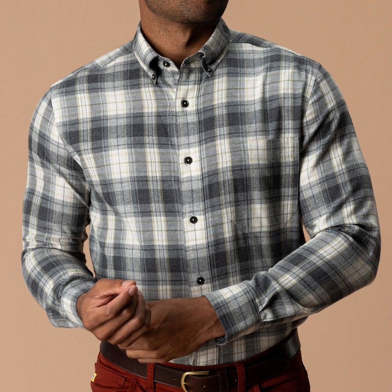 Cotton Flannel Sport Shirt - Rolland Plaid - Charcoal Heather