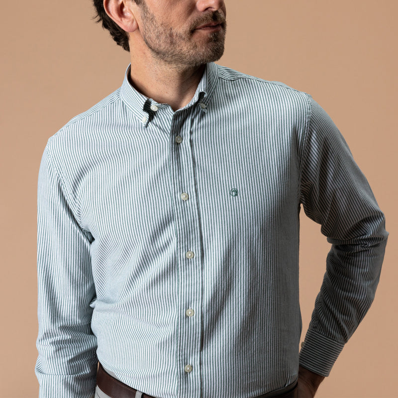 Cotton Oxford Sport Shirt - Collins Stripe - Hunter Green