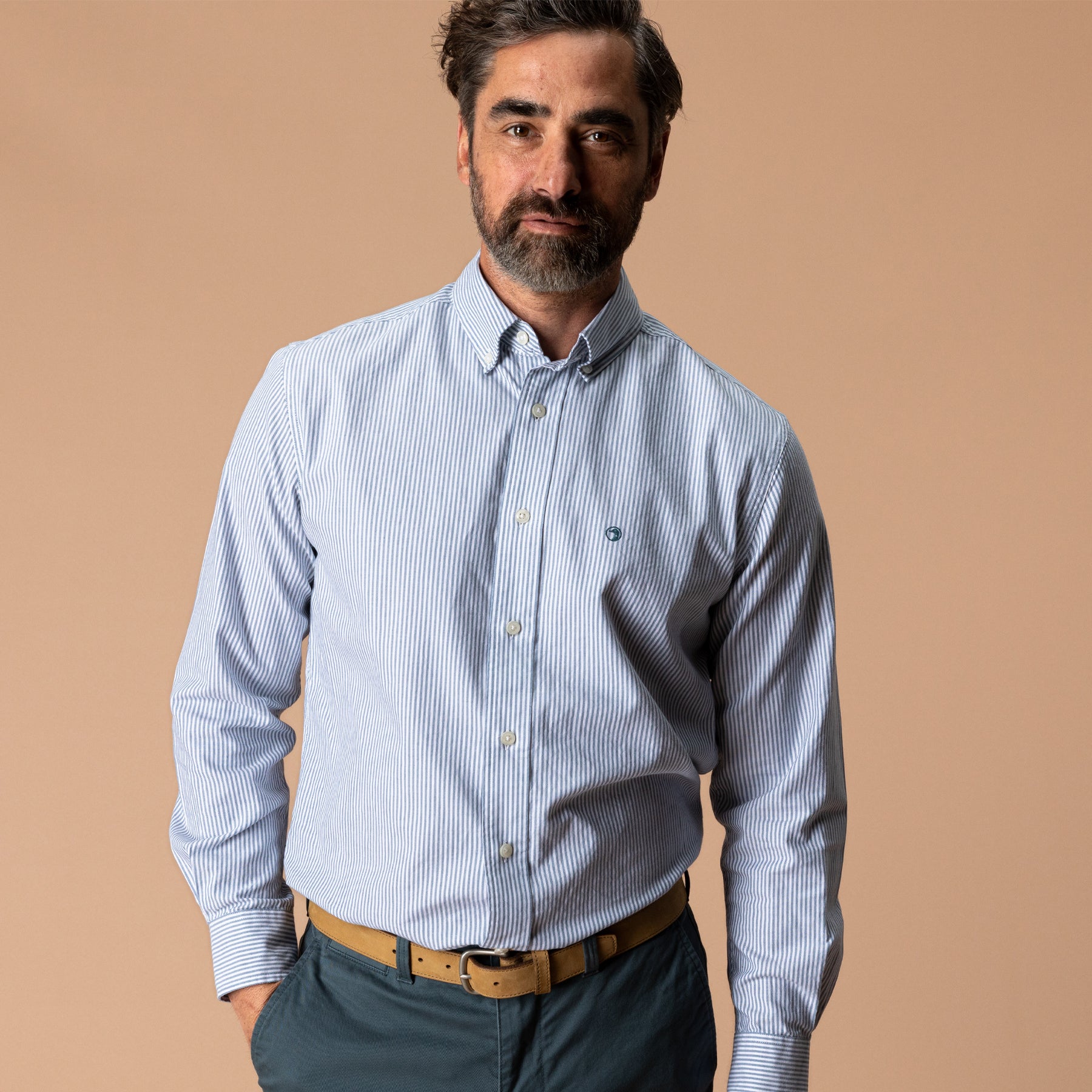 Cotton Oxford Sport Shirt - Collins Stripe - Teal Blue