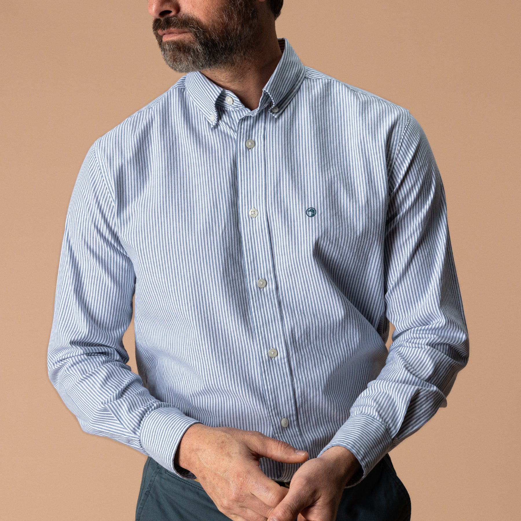 Cotton Oxford Sport Shirt - Collins Stripe - Teal Blue