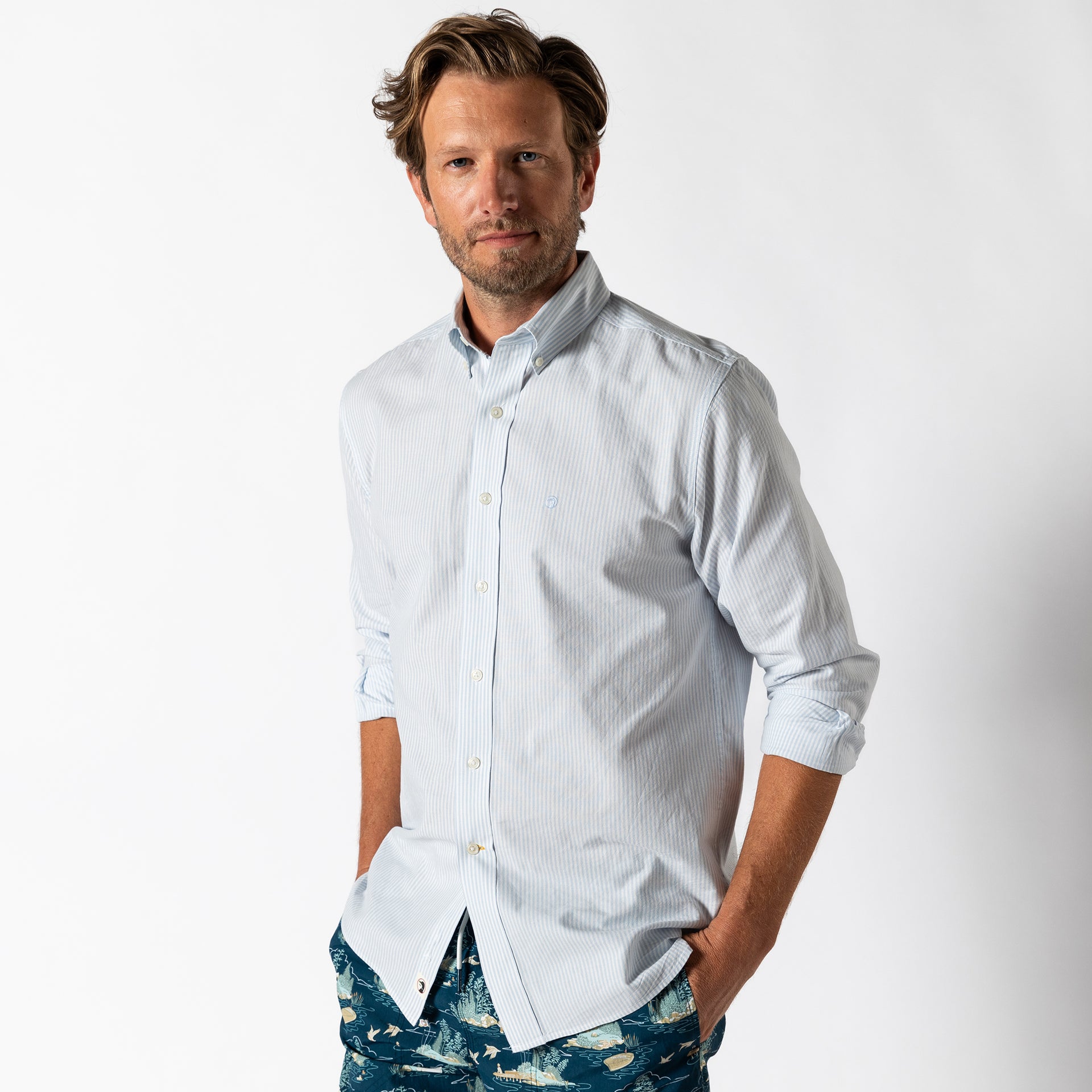 Cotton Oxford Sport Shirt - Collins Stripe - Light Blue