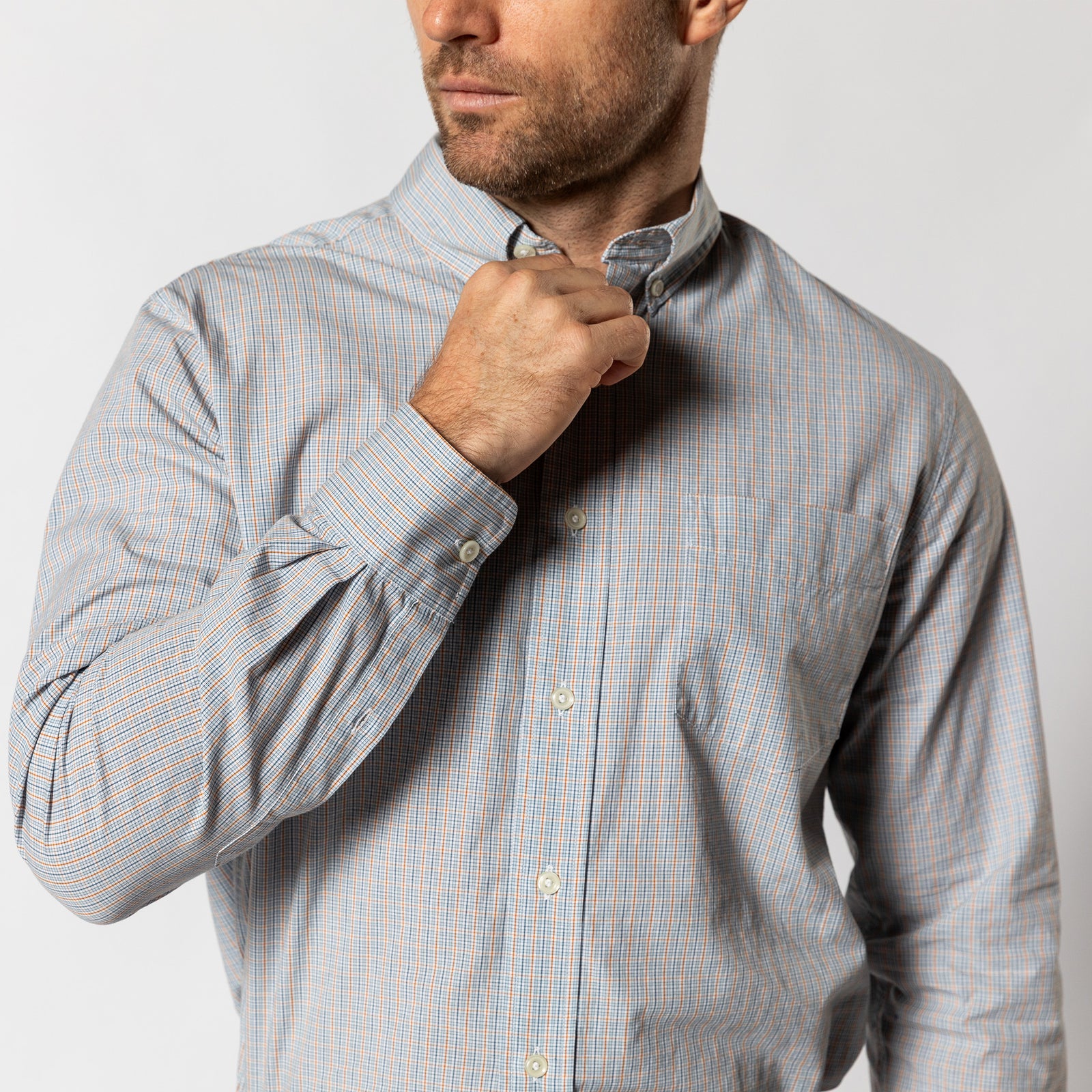 Cotton Cashmere Poplin Sport Shirt - Rollins Plaid - Pale Blue