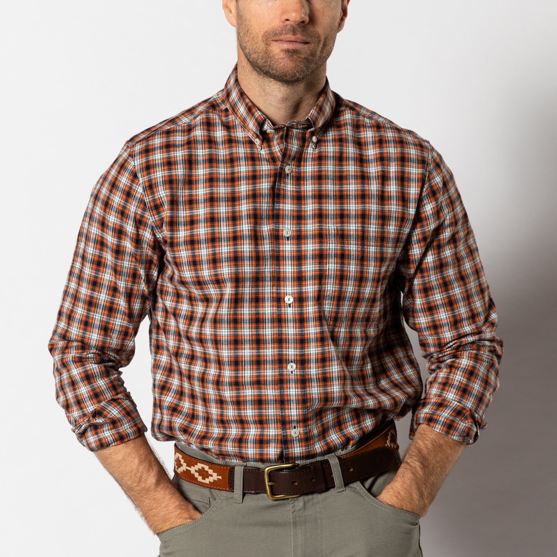 Cotton Slub Sport Shirt - Webber Plaid - Burnt Brick
