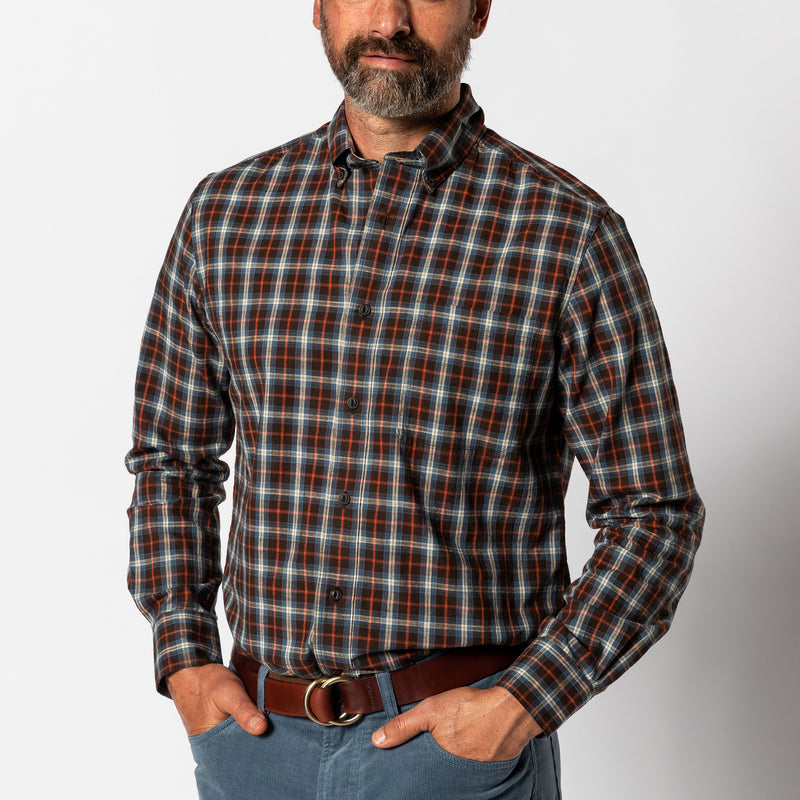 Cotton Slub Sport Shirt - Dunn Plaid - Dark Brown