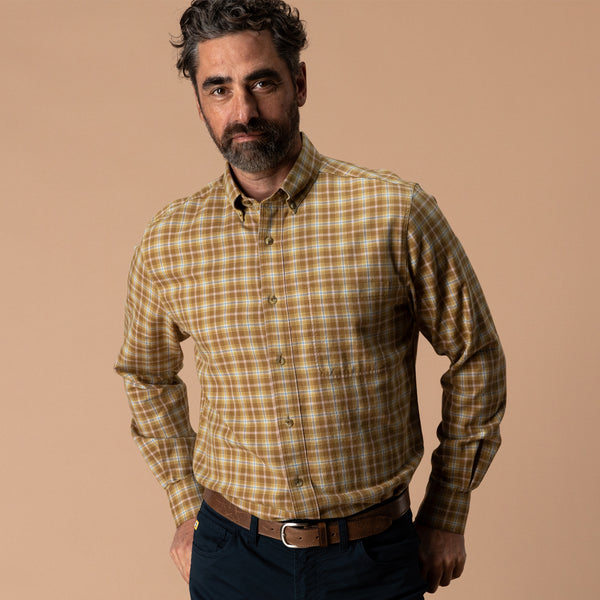 Cotton Wool Sport Shirt - Dearing Plaid - Bronze Brown