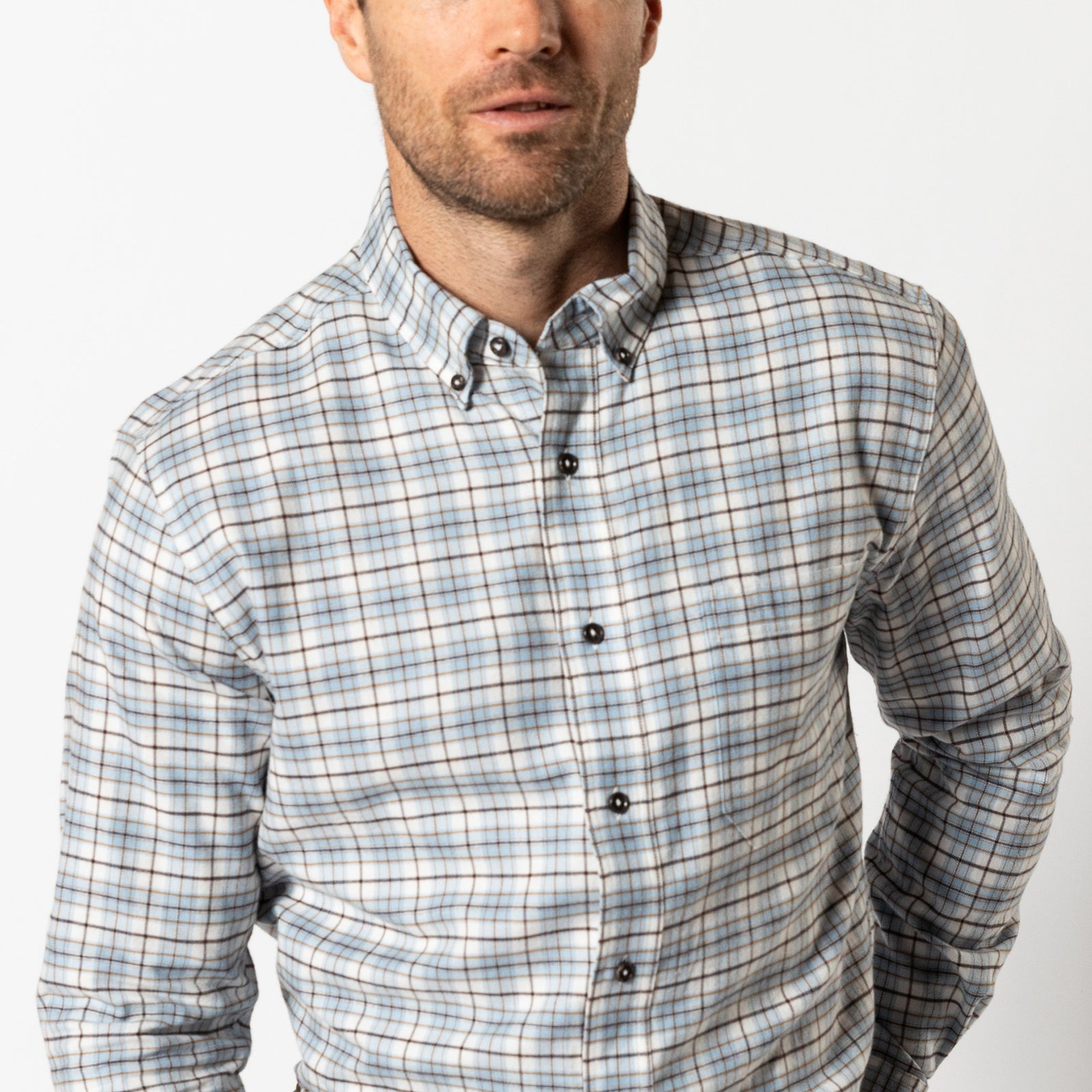 Cotton Flannel Sport Shirt - Layne Plaid - Glacier Blue