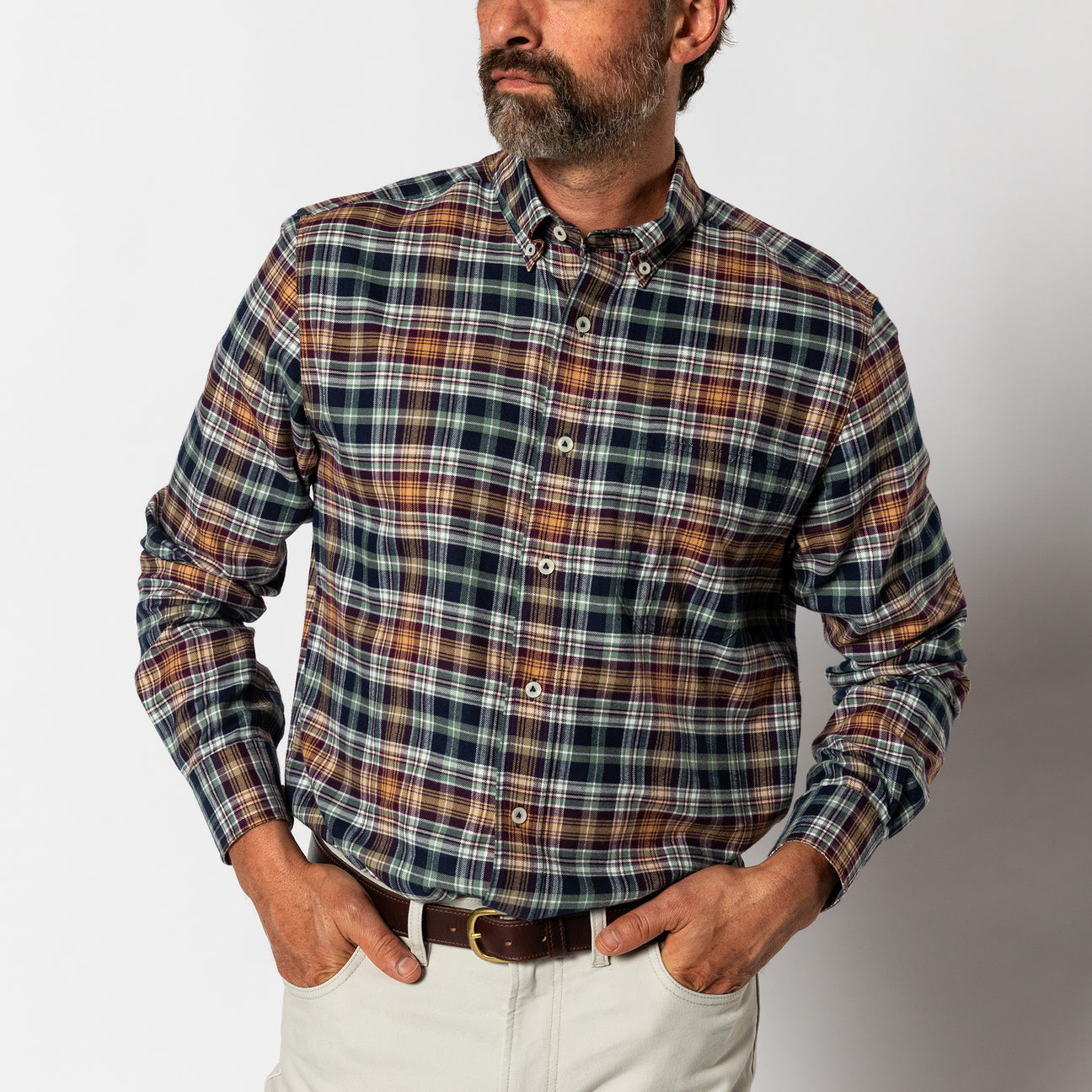 Cotton Flannel Sport Shirt - Eckard Plaid - Maritime Blue
