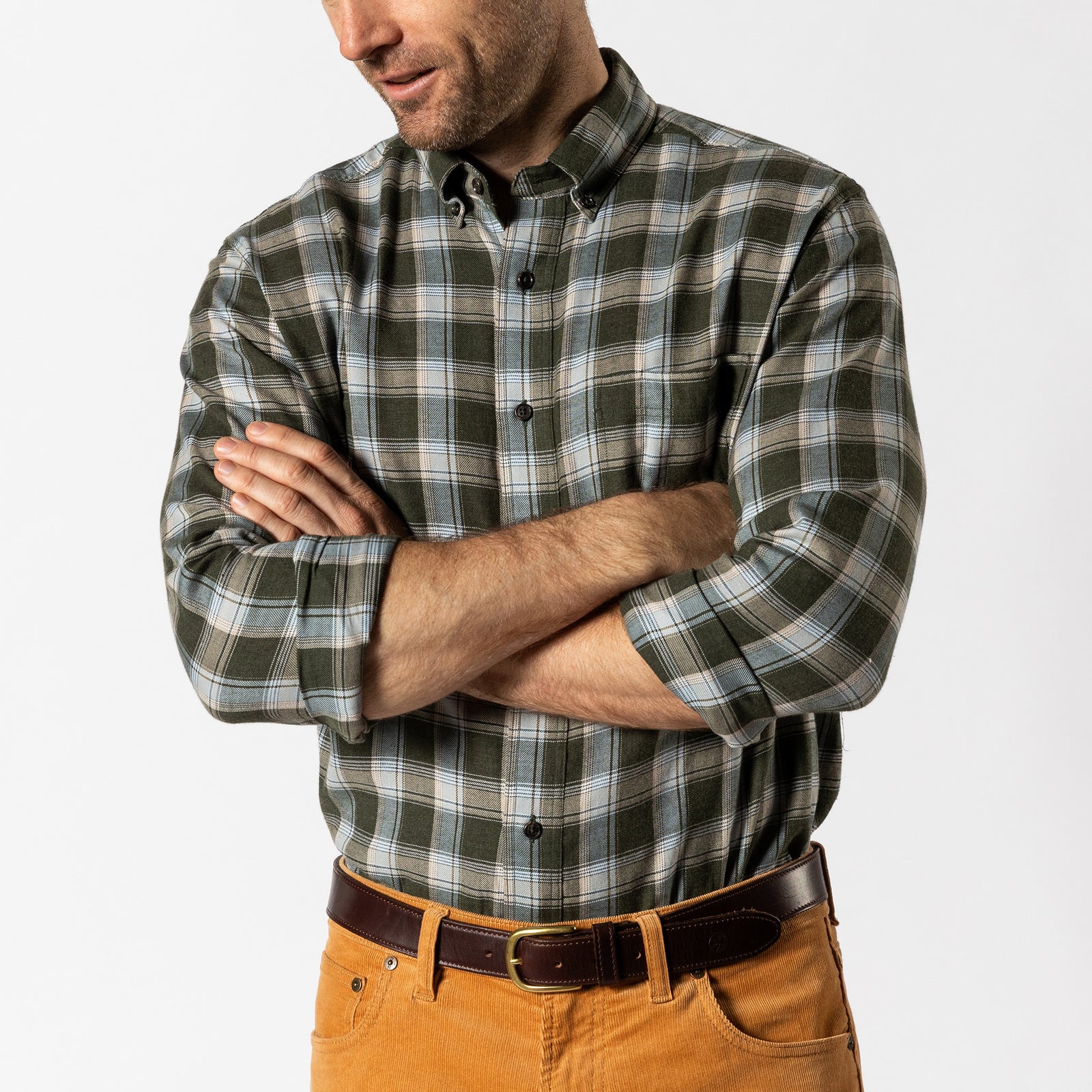 Cotton Flannel Sport Shirt - Hank Plaid - Deep Olive Heather