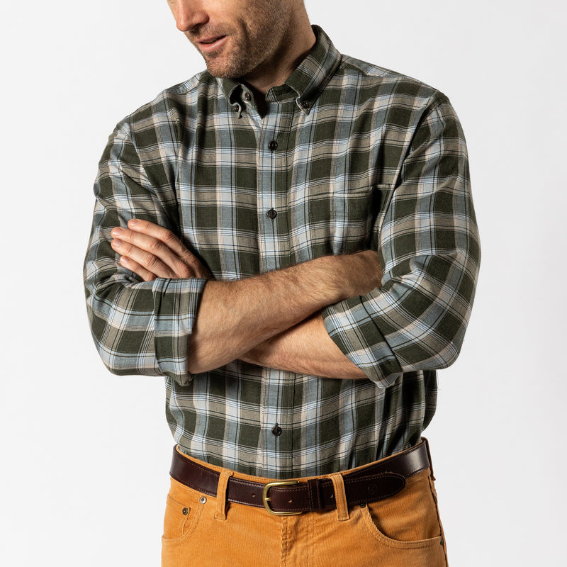 Cotton Flannel Sport Shirt - Hank Plaid - Deep Olive Heather