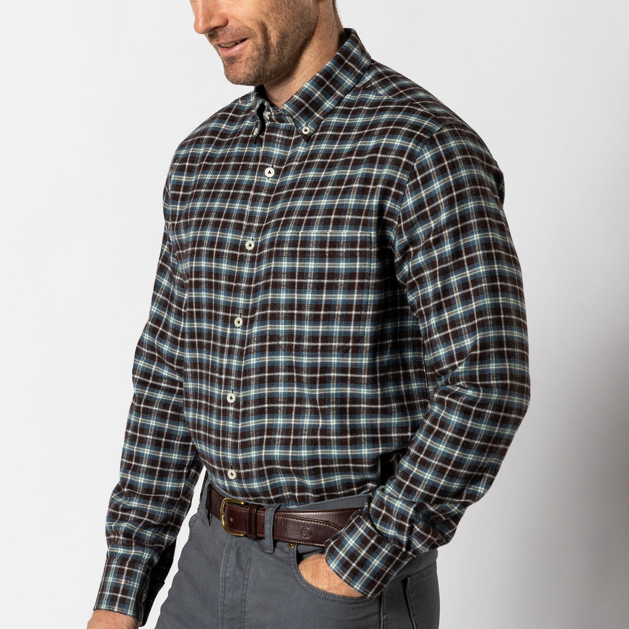 Cotton Flannel Sport Shirt - Calvin Plaid - Dark Brown Heather