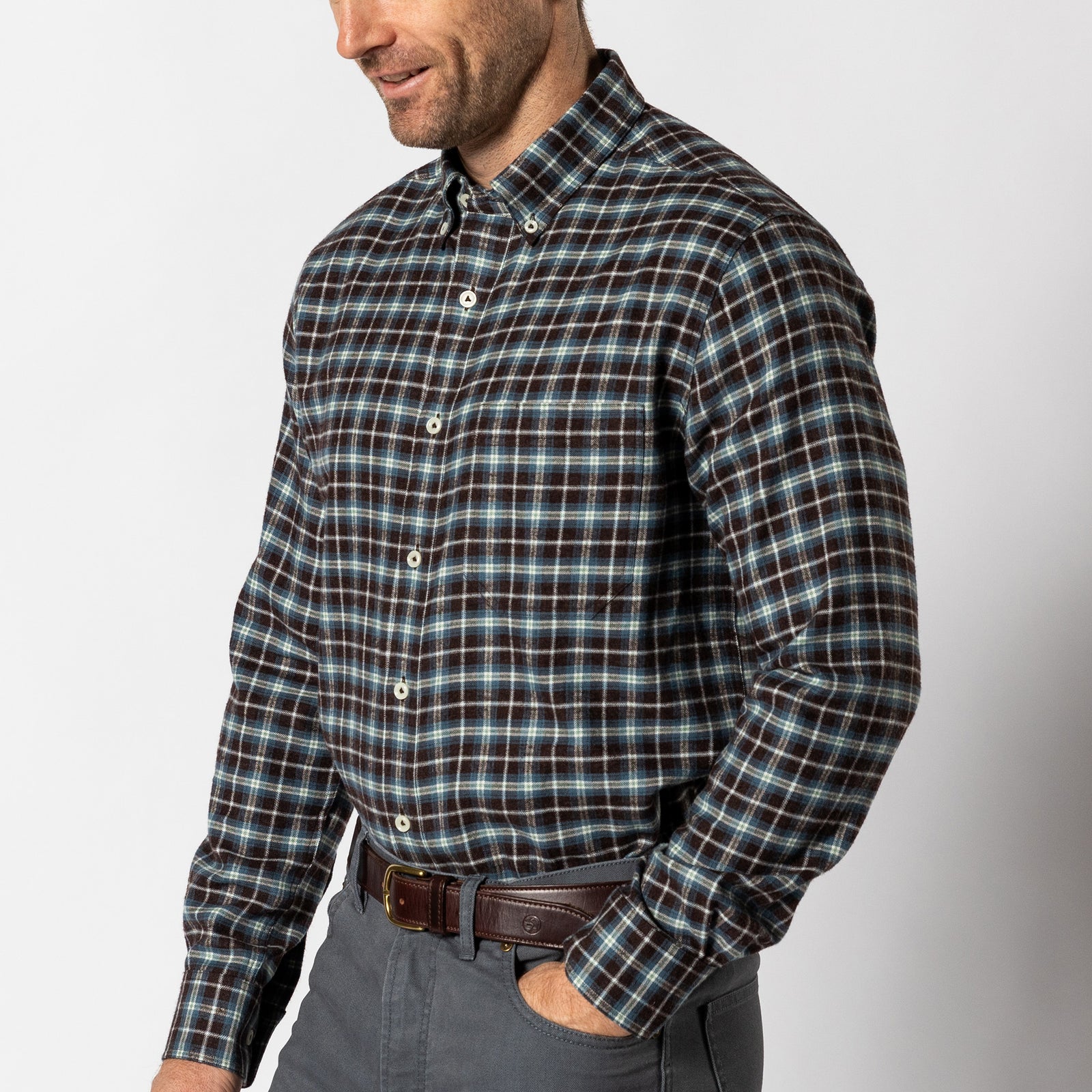 Cotton Flannel Sport Shirt - Calvin Plaid - Dark Brown Heather