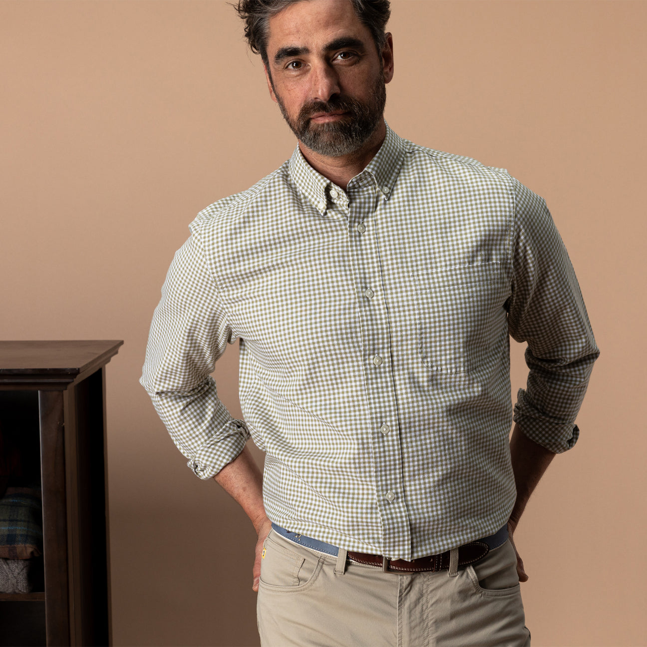 Cotton Oxford Sport Shirt - Ryder Gingham - Mossed Stone