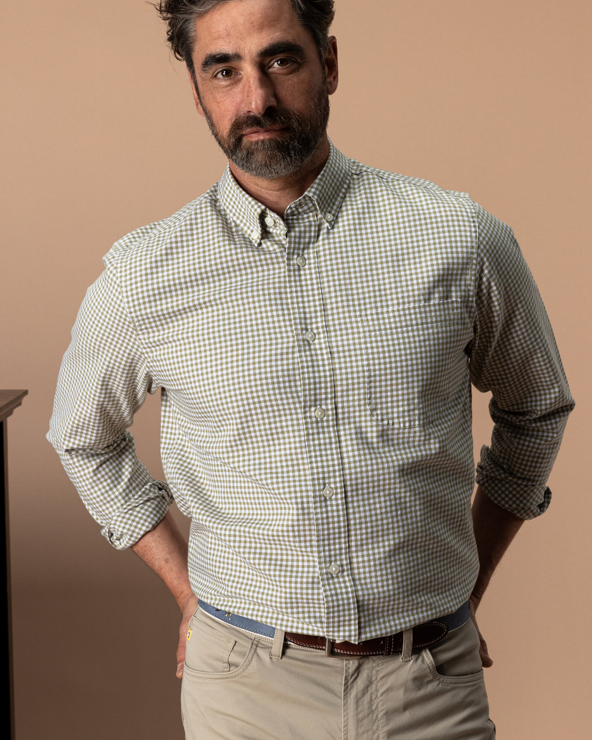 Cotton Oxford Sport Shirt - Ryder Gingham - Mossed Stone