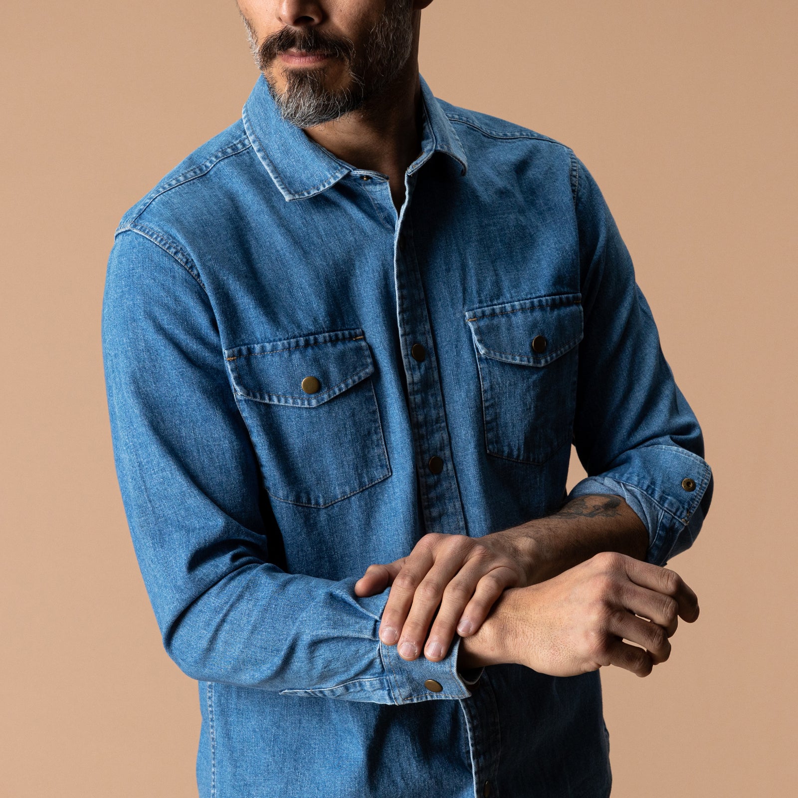 Denim Snap Shirt - Clyde Solid  - Indigo Blue