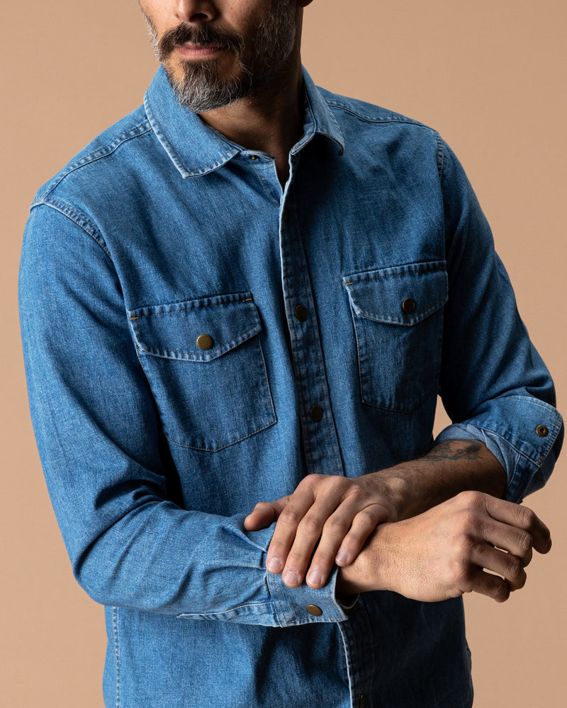 Denim Snap Shirt - Clyde Solid  - Indigo Blue