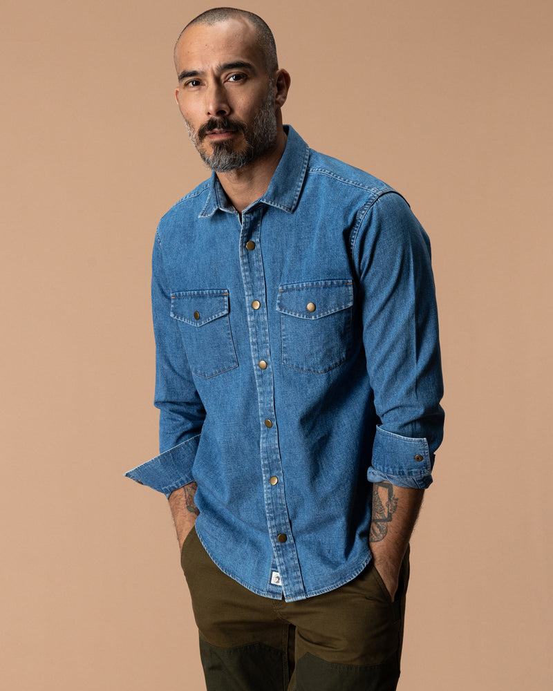 Denim Snap Shirt - Clyde Solid  - Indigo Blue