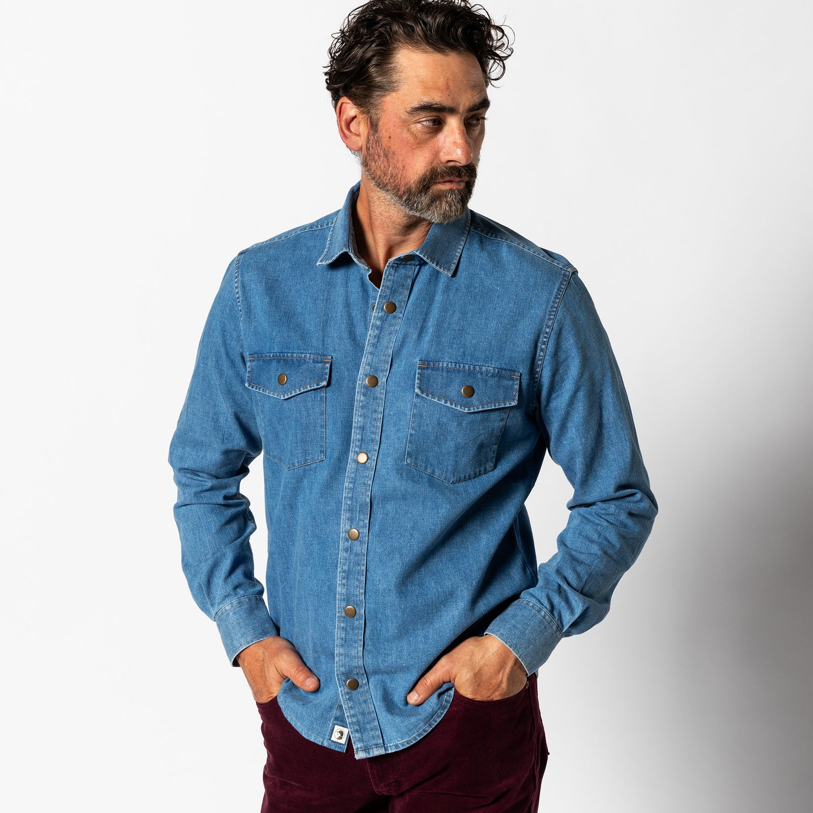 Denim Snap Shirt - Clyde Solid  - Indigo Blue
