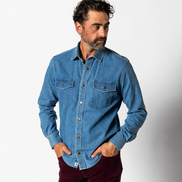 Denim Snap Shirt - Clyde Solid  - Indigo Blue