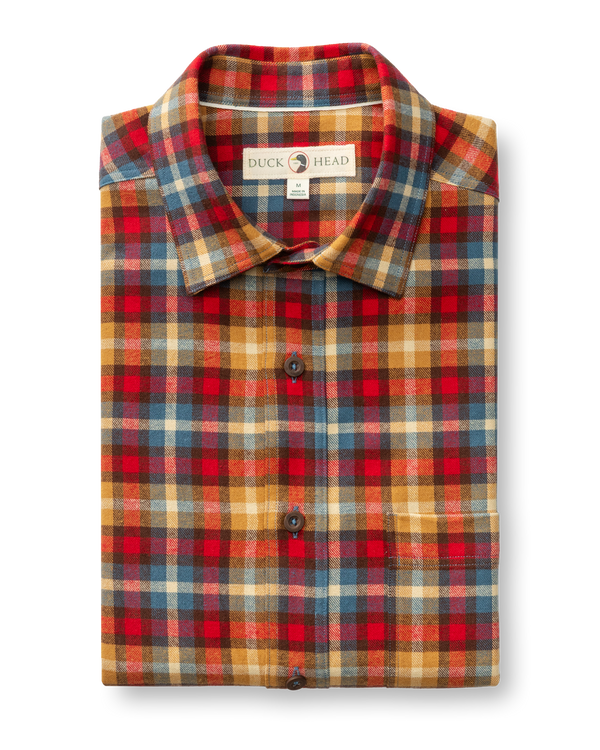 Cotton Flannel Sport Shirt - Dunwell Plaid - Pomegranate