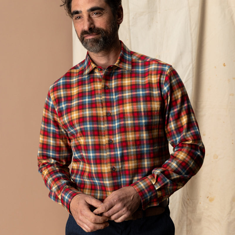 Cotton Flannel Sport Shirt - Dunwell Plaid - Pomegranate